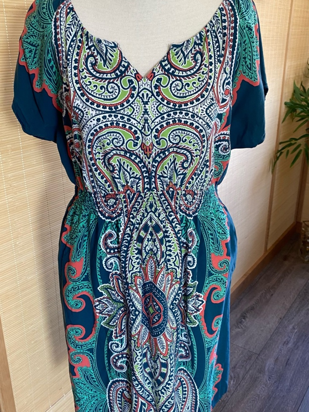 Sonoma Teal Paisley Midi Dress with Coral and Green Accents